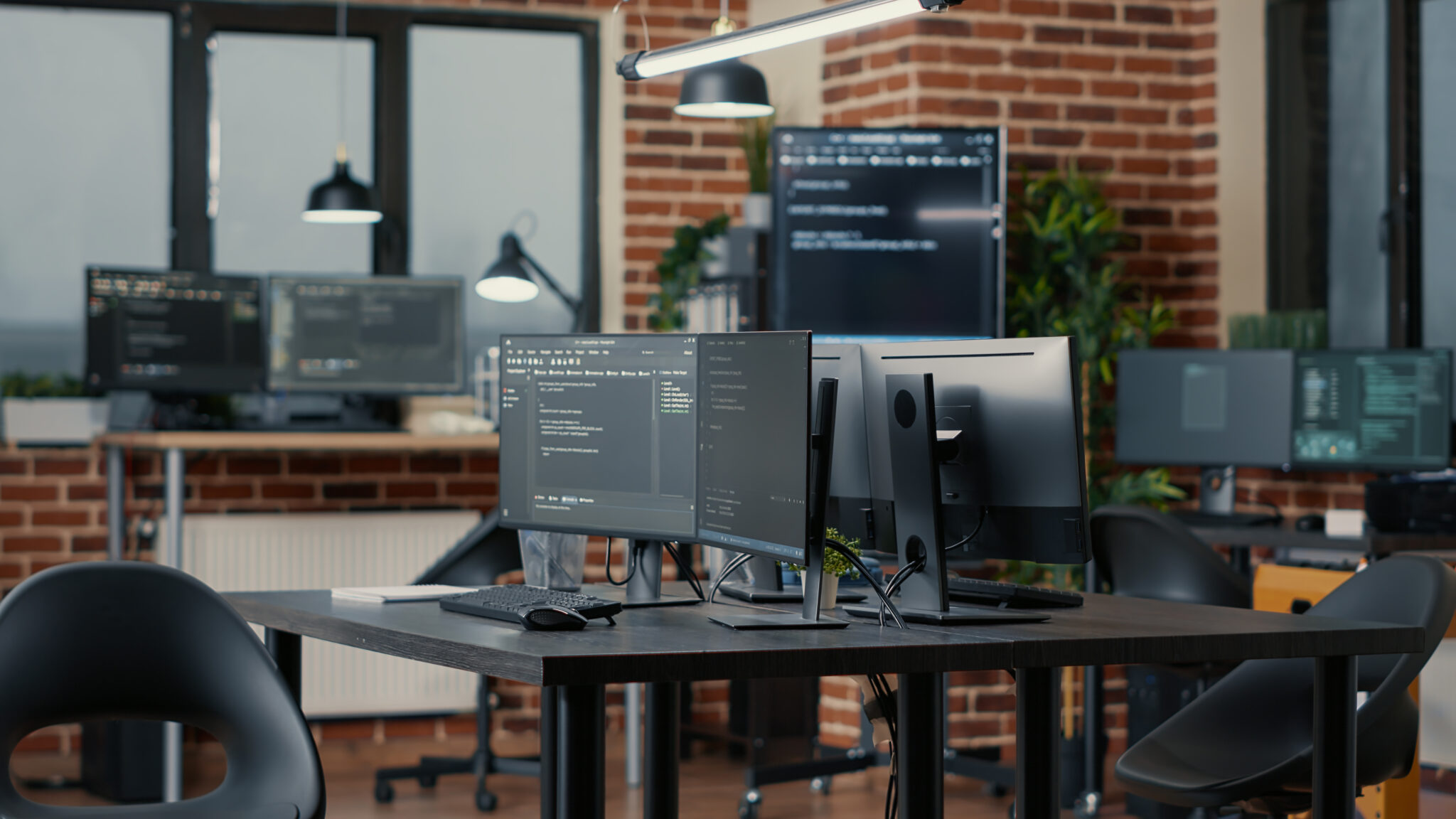 Veltrix engineering workspace with dual monitors and code on screen
